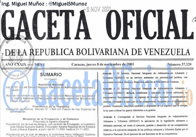 Gaceta Oficial 37320 del 8 Noviembre 2001