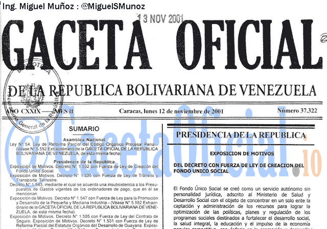 Gaceta Oficial 37322 del 12 Noviembre 2001