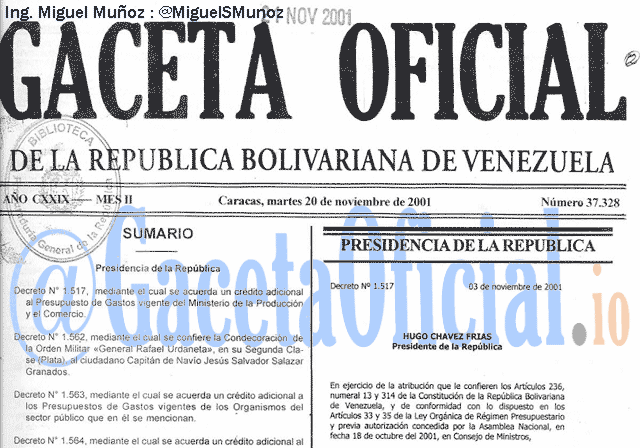 Gaceta Oficial 37328 del 20 Noviembre 2001