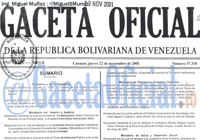 Gaceta Oficial 37330 del 22 Noviembre 2001