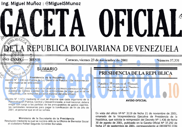 Gaceta Oficial 37331 del 23 Noviembre 2001