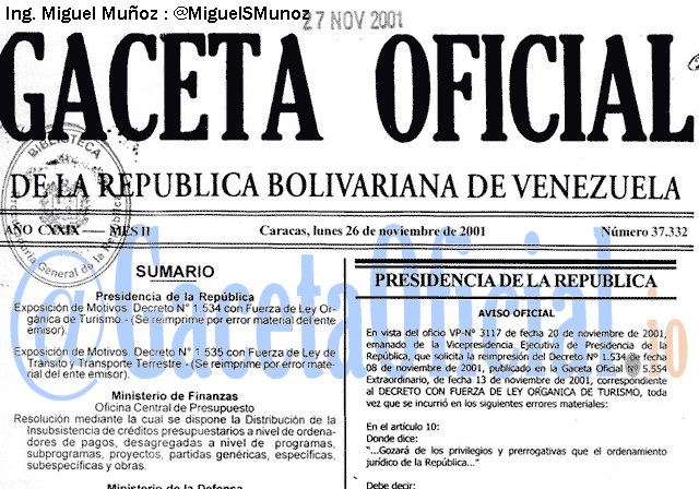 Gaceta Oficial 37332 del 26 Noviembre 2001