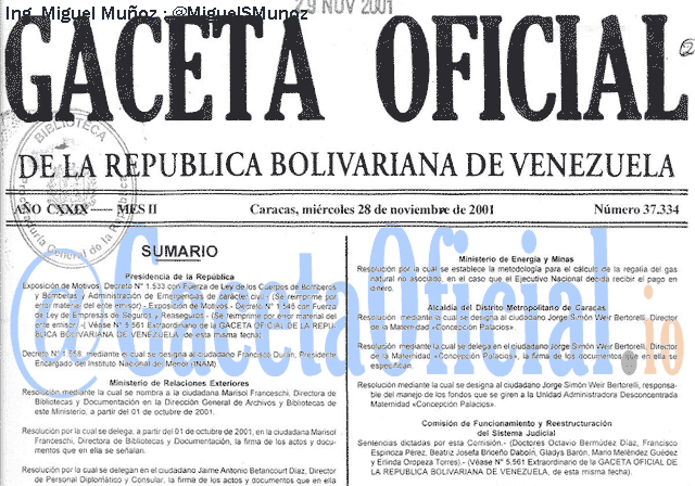 Gaceta Oficial 37334 del 28 Noviembre 2001