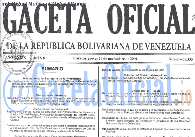 Gaceta Oficial 37335 del 29 Noviembre 2001