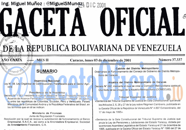 Gaceta Oficial 37337 del 3 Diciembre 2001