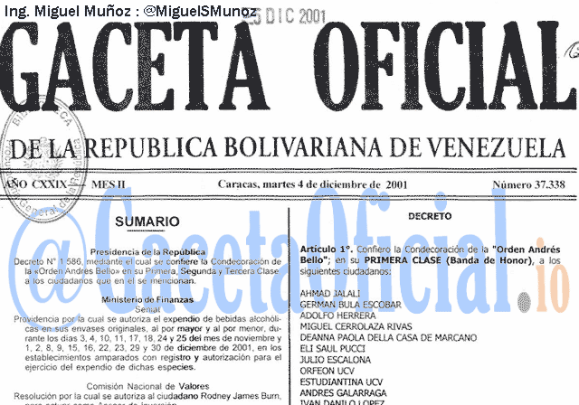 Gaceta Oficial 37338 del 4 Diciembre 2001