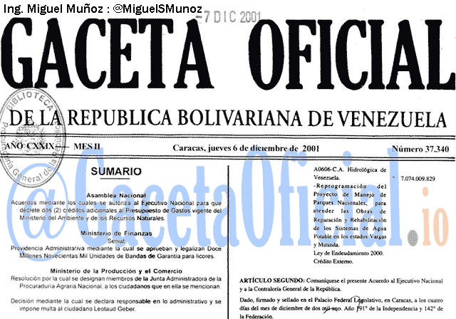 Gaceta Oficial 37340 del 6 Diciembre 2001