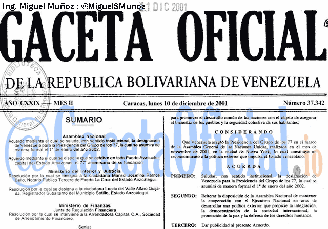 Gaceta Oficial 37342 del 10 Diciembre 2001