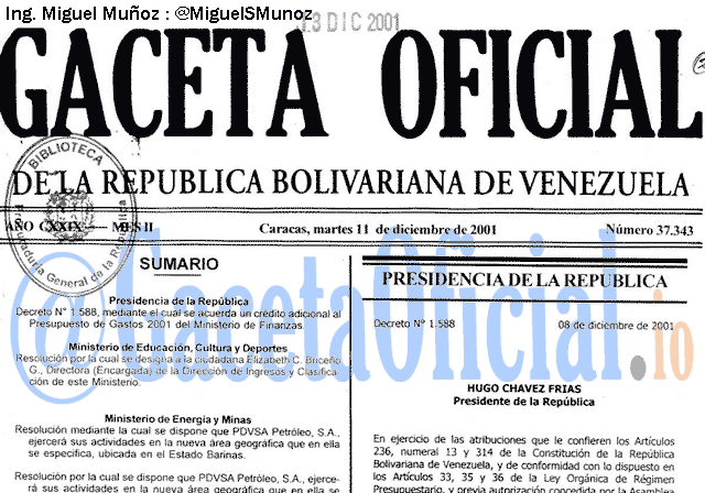 Gaceta Oficial 37343 del 11 Diciembre 2001