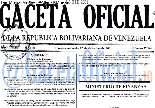 Gaceta Oficial 37344 del 12 Diciembre 2001