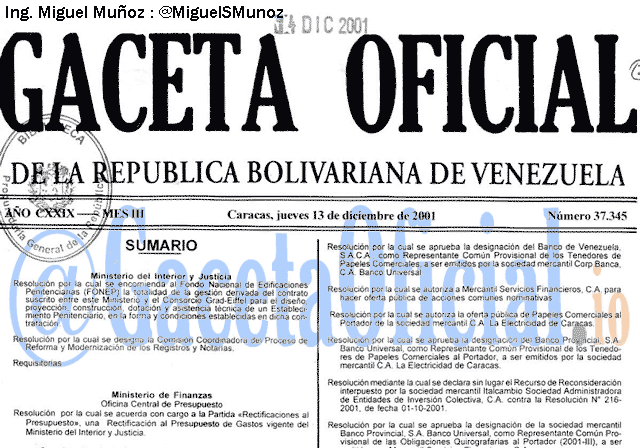 Gaceta Oficial 37345 del 13 Diciembre 2001