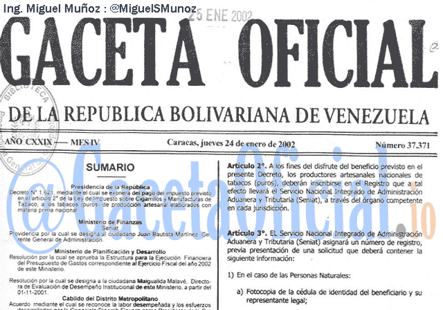 Gaceta Oficial 37371 del 24 Enero 2002