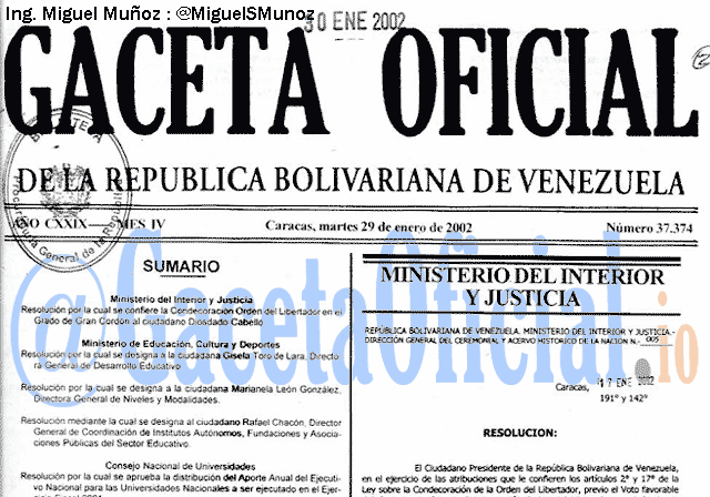 Gaceta Oficial 37374 del 29 Enero 2002