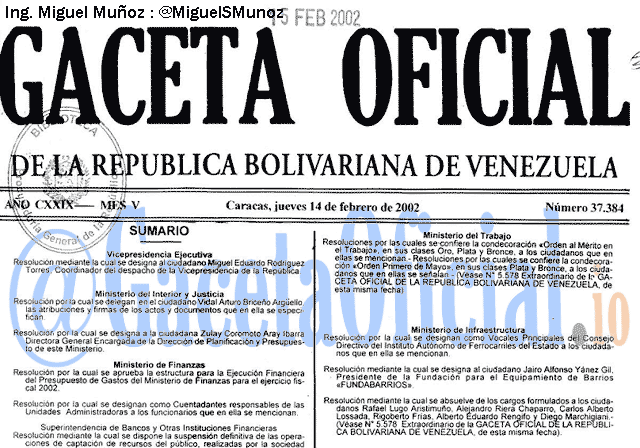 Gaceta Oficial 37384 del 14 Febrero 2002