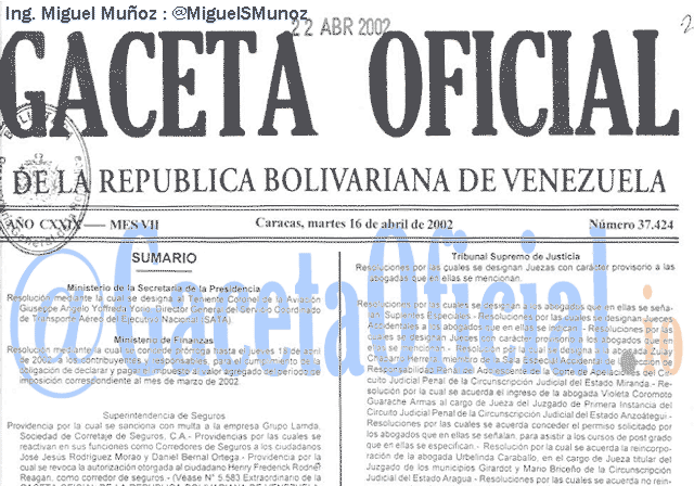 Gaceta Oficial 37424 del 16 Abril 2002