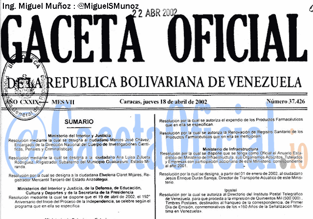 Gaceta Oficial 37426 del 18 Abril 2002