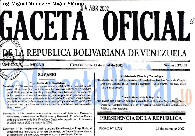 Gaceta Oficial 37427 del 22 Abril 2002