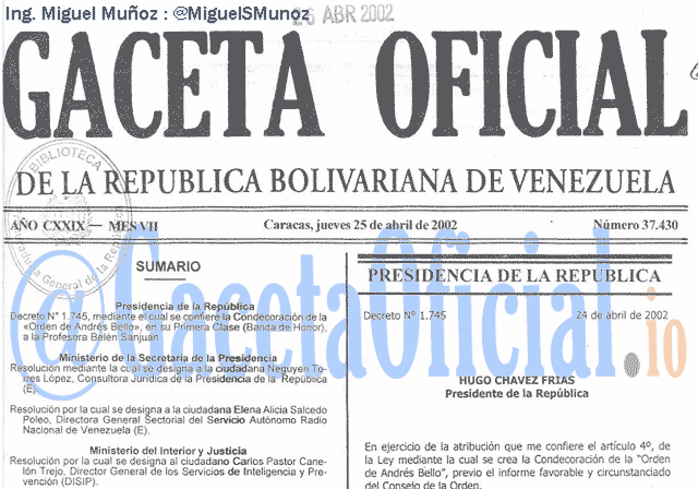 Gaceta Oficial 37430 del 25 Abril 2002