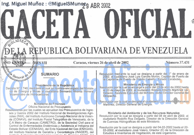 Gaceta Oficial 37431 del 26 Abril 2002