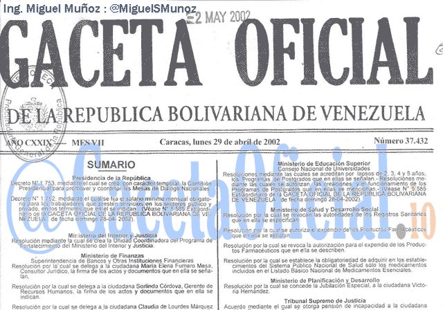 Gaceta Oficial 37432 del 29 Abril 2002