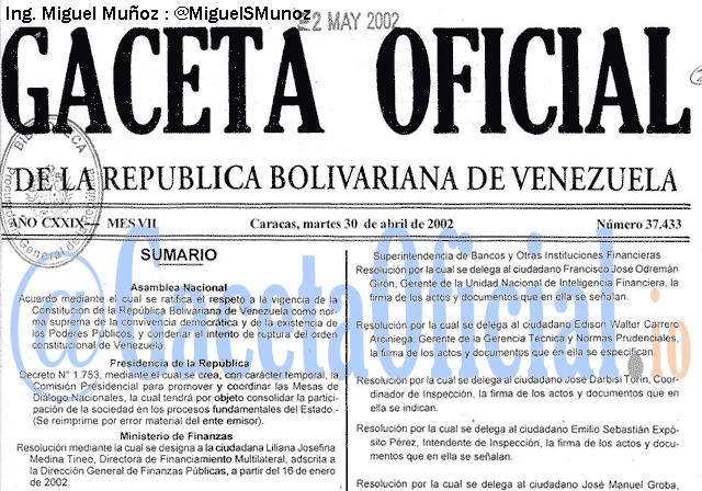 Gaceta Oficial 37433 del 30 Abril 2002