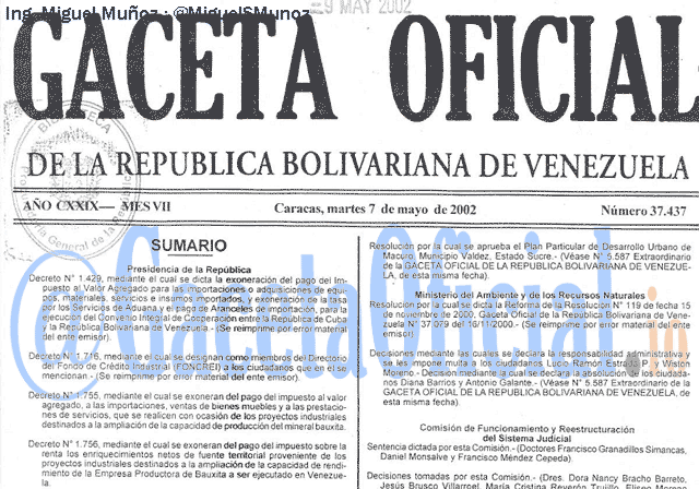 Gaceta Oficial 37437 del 7 Mayo 2002