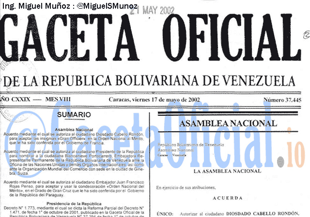 Gaceta Oficial 37445 del 17 Mayo 2002
