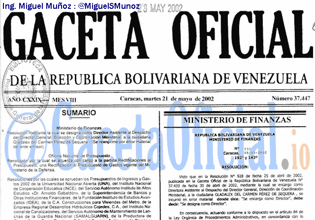 Gaceta Oficial 37447 del 21 Mayo 2002