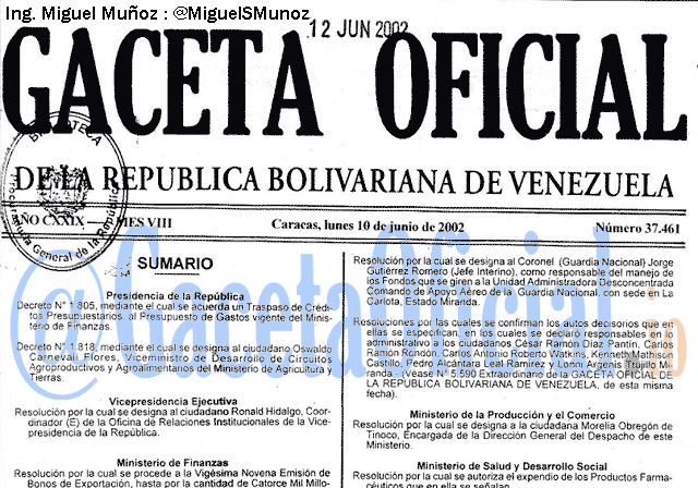 Gaceta Oficial 37461 del 10 Junio 2002
