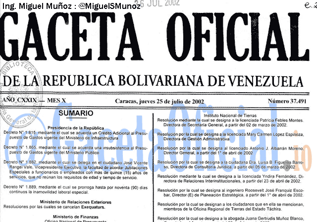 Gaceta Oficial 37491 del 25 Julio 2002