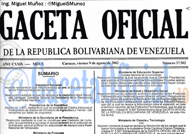 Gaceta Oficial 37502 del 9 Agosto 2002
