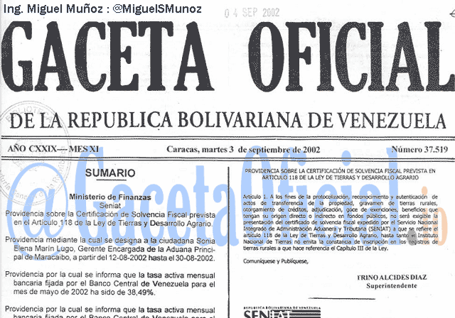 Gaceta Oficial 37519 del 3 Septiembre 2002