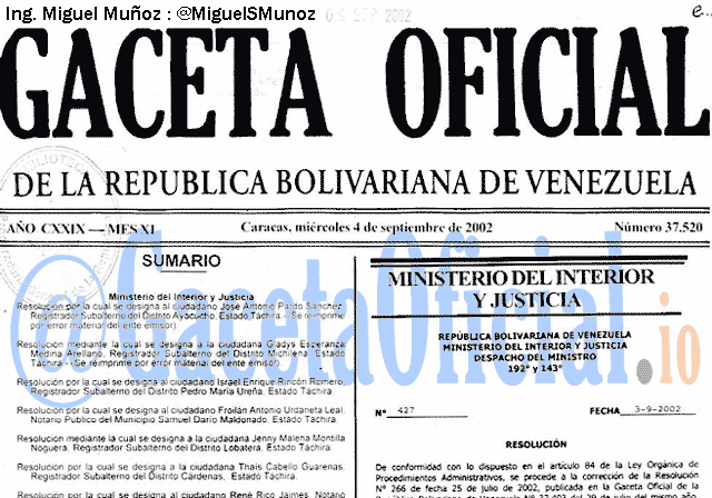 Gaceta Oficial 37520 del 4 Septiembre 2002