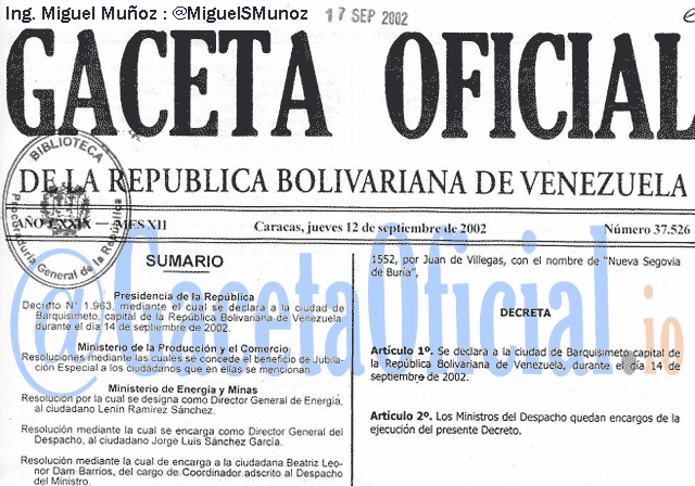 Gaceta Oficial 37526 del 12 Septiembre 2002