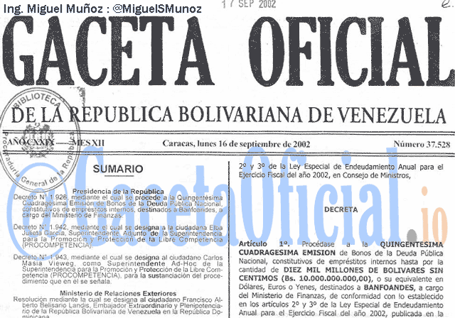 Gaceta Oficial 37528 del 16 Septiembre 2002