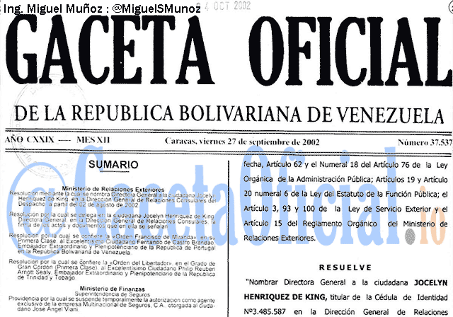 Gaceta Oficial 37537 del 27 Septiembre 2002