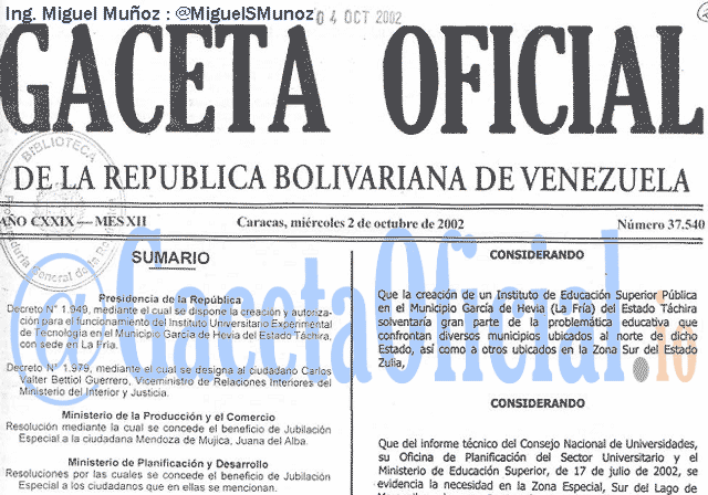 Gaceta Oficial 37540 del 2 Octubre 2002