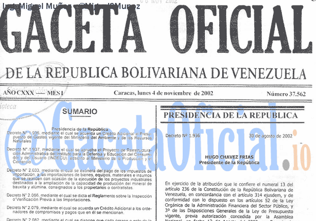 Gaceta Oficial 37562 del 4 Noviembre 2002