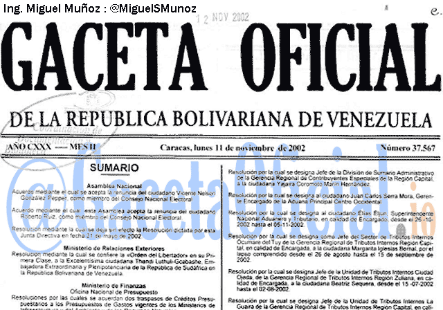 Gaceta Oficial 37567 del 11 Noviembre 2002
