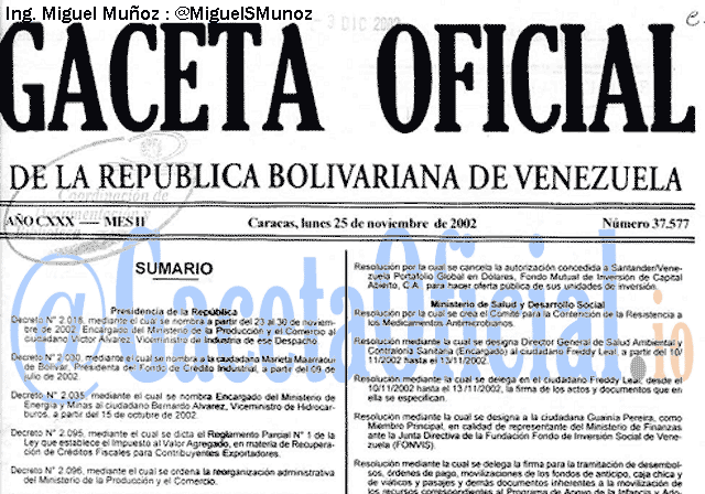 Gaceta Oficial 37577 del 25 Noviembre 2002