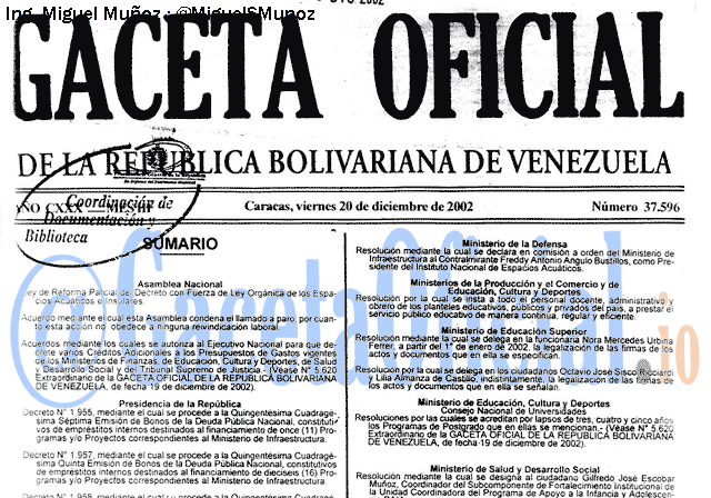 Gaceta Oficial 37596 del 20 Diciembre 2002