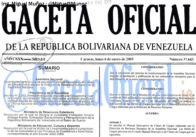 Gaceta Oficial 37603 del 6 Enero 2003