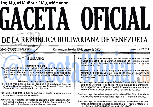 Gaceta Oficial 37610 del 15 Enero 2003
