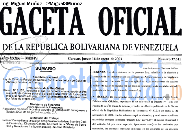 Gaceta Oficial 37611 del 16 Enero 2003