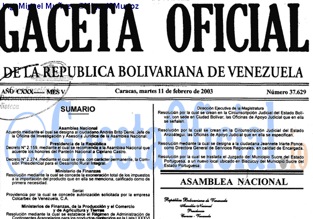 Gaceta Oficial 37629 del 11 Febrero 2003