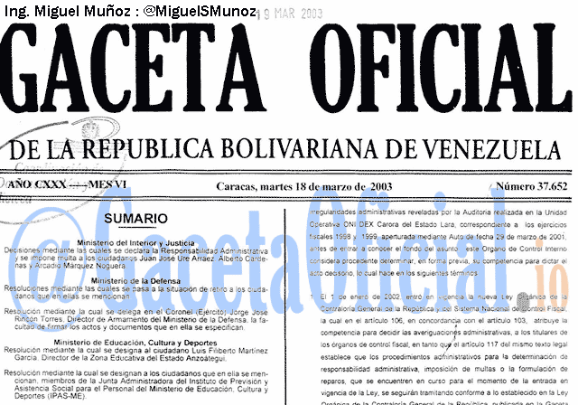 Gaceta Oficial 37652 del 18 Marzo 2003