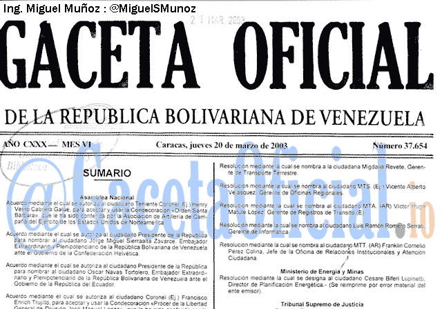 Gaceta Oficial 37654 del 20 Marzo 2003