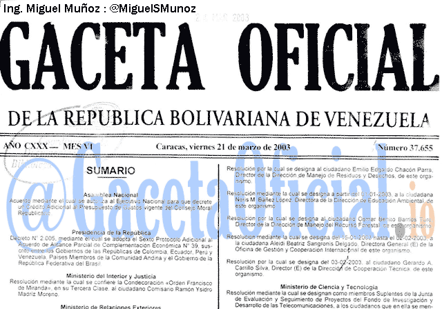 Gaceta Oficial 37655 del 21 Marzo 2003