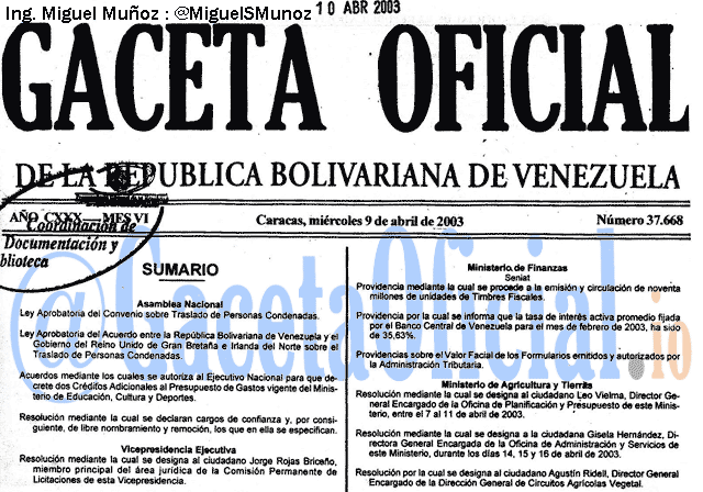 Gaceta Oficial 37668 del 9 Abril 2003