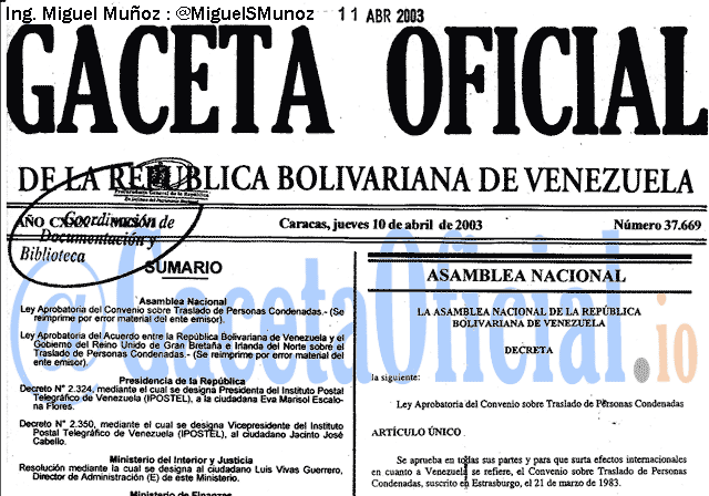 Gaceta Oficial 37669 del 10 Abril 2003
